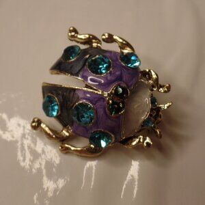 Beautiful Decorative Scarab Brooch Purple Enamel Blue Stone Goldtone Apx 1" X 1"